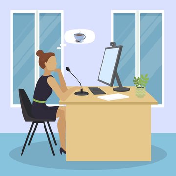 Video blogger online streaming thinking about coffee with cookies vector illustration. Media blogger woman girl at computer desk, microphone, camera for internet vlog communication, lesson, interview.