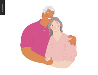 Medical insurance -senior citizen health plan -modern flat vector concept digital illustration of a happy elderly couple, standing embraced together holding their hands. Medical insurance plan.