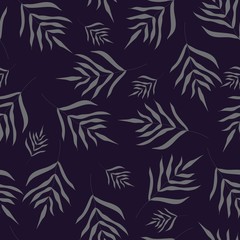 Obraz premium Seamless pattern of hand drawn branches with leaves - grey's silhouettes isolated on dark blue background. Vector illustration - print template, wrapping paper,printed materials, textile, fabric.