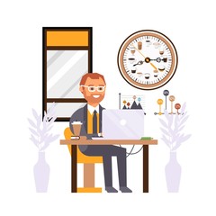 Office manager at work, creative coffee break clock on wall, flat cartoon character, vector illustration. People working in office, career in business company. Time for coffee break, businessman job