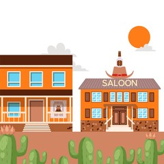 Saloon in western American town, flat style cartoon house, vector illustration. Old bar in wild west, entrance to saloon in Texas, house facade building. Western town empty street, cowboy culture