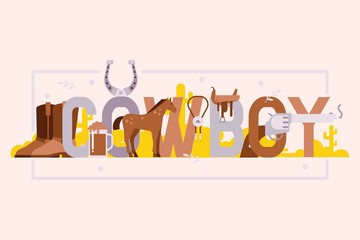 Cowboy typographic poster, symbols of wild west culture, vector illustration. American western booklet cover, cowboy game banner. Wild west accessories, shoes, horse saddle, revolver and horseshoe