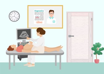 Ultrasound medical examination fetus pregnant woman vector illustration. Female doctor gynecologist and patient with ultrasonic equipment in clinic. Baby embryo on monitor. Pregnancy consultation.