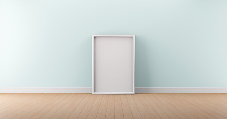 White photo frame mock up on wooden floor with vintage mint color  wall.
