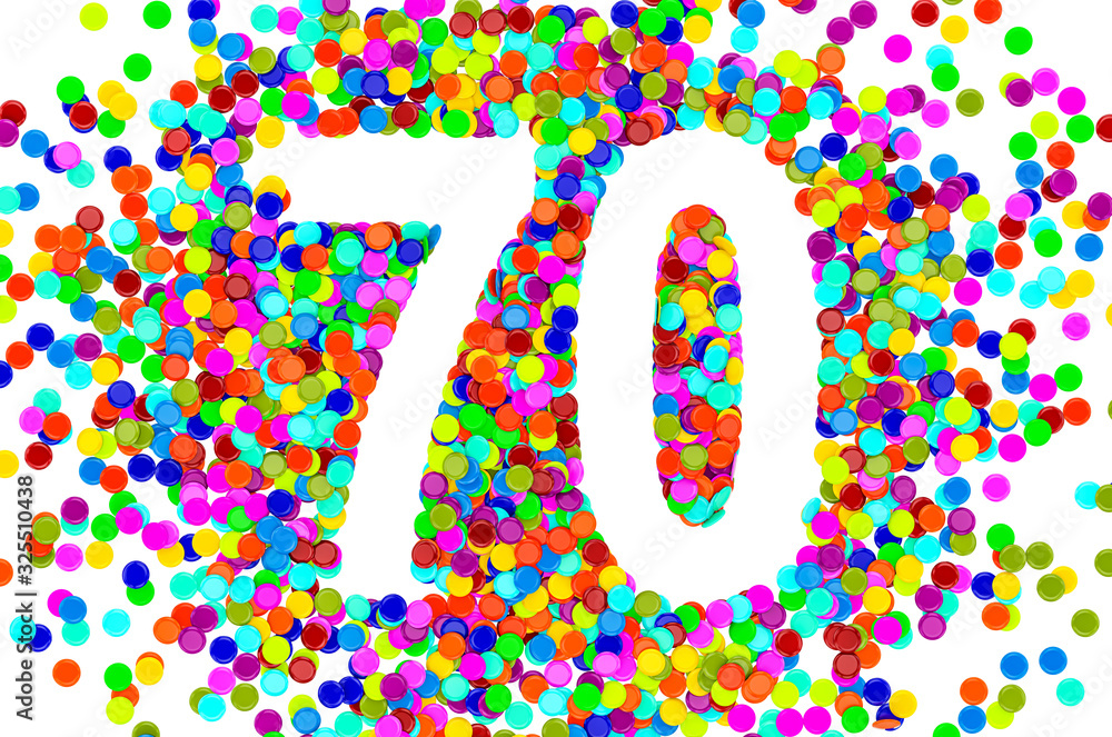 Poster 70 from colored confetti. 3d rendering