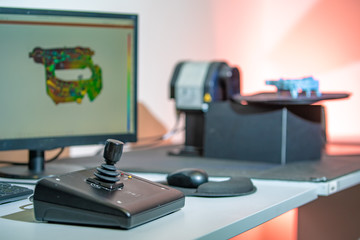 Professional 3D scanner, for scan product on moving panel using laser. The quality engineer...