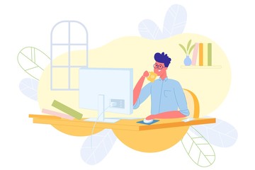 Freelance Programmer Works at Computer, Cartoon.