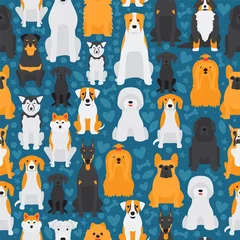 Wall murals Dogs Dogs in seamless pattern, isolated animals cartoon characters, cute pets vector illustration. Different breeds of dogs, printable texture for wrapping paper or fabric. Pet store background, animals