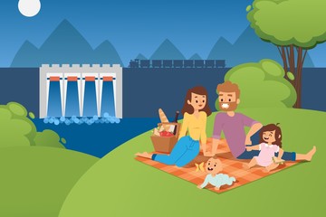 Happy family on picnic together at hydroelectric power station dam vector illustration. Parents and children cartoon character people. Family time outdoor, industrial landscape hydroelectric power dam