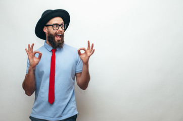 Crazy hipster guy emotions. Collage in magazine style with happy emotions. Yes, I did it!