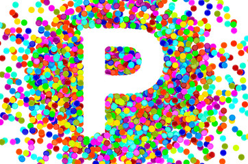 Confetti font, letter P from colored confetti. 3D rendering