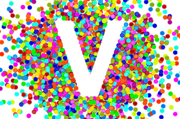 Confetti font, letter V from colored confetti. 3D rendering