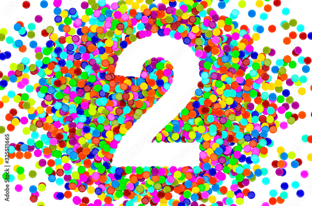 Poster number 2 from colored confetti. 3d rendering