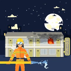 Firefighter man with water hose at burning motel, emergency service in flat cartoon style, vector illustration. Fireman in uniform extinguish fire in hotel building. Night city accident, burning house