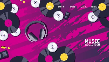 Music website design, vinyl record discs and headphones on abstract background, vector illustration. Modern music festival poster, disco club landing page template. Vinyl record and cd disc collection