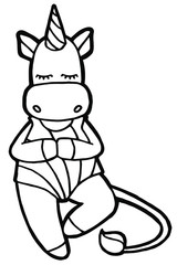 Vector illustration. Hand drawing cartoon unicorn. Unicorn doing yoga. Rainbow swimsuit. Coloring page. Isolated on white. Cute character. The original print.