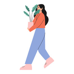Woman and flower. A woman is holding or carrying the flower. Girl cultivating home garden. Plant with big leaves. Flat vector illustration isolated on white background