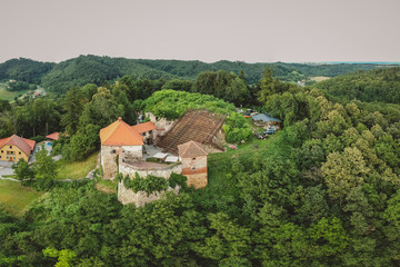 Drone panorama of a castle on a hill with a big staircase or an outdoor cinema or theatre. Outdoor theatre on a castle in Vurberg, Maribor, Slovenia