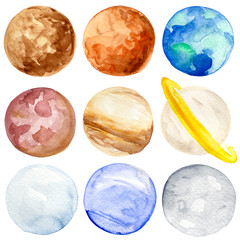 Watercolor solar system planets Mercury, Venus, Earth, Mars, Jupiter, Saturn, Uranus, Neptune and Pluto illustrated