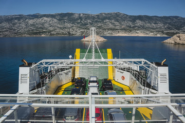 On board the car ferry in croatia, serving between island of Pag and mainland. Vehicles seen in the...