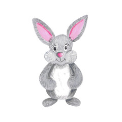 Happy cute rabbit isolated on white background. Watercolor gouache hand drawn illustration