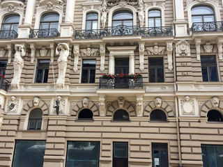Art Nouveau architecture in Riga, Latvia. Art Nouveau architecture on  facade of Latvian building. Jugend style. Travel concept. Soft focus