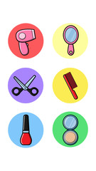 A set of six round icons for contemporary with fashion items from the beauty industry mirror hairdryer comb nightlights nail polish powder box on a white background. Vector illustration