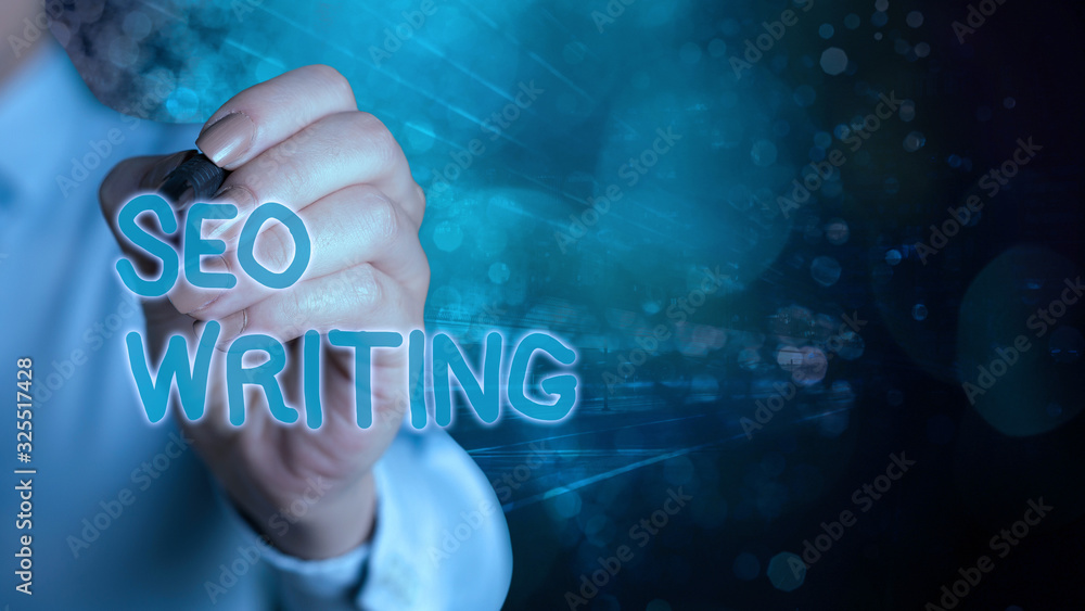 Poster writing note showing seo writing. business concept for grabbing the attention of the search engines 