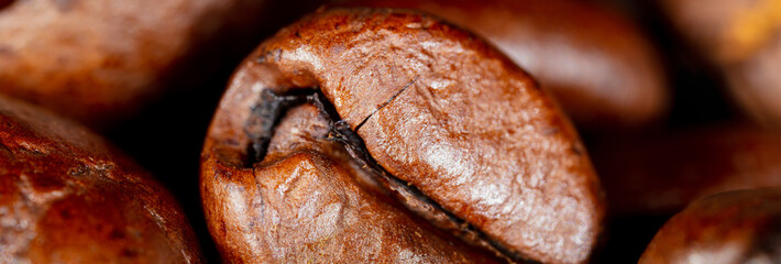 Close up of a coffee bean. Macro panorama photography of coffee beans in high resolution. Detailed ultra macro on a roasted coffee bean.  Microscopic photography. Useful as a banner in a coffee shop