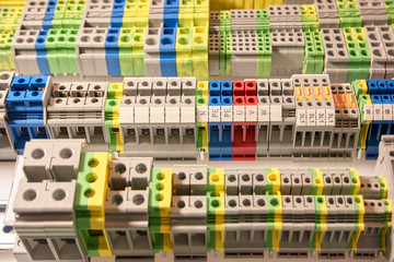 Terminal blocks panel. Industry, manufacture electrical device.
