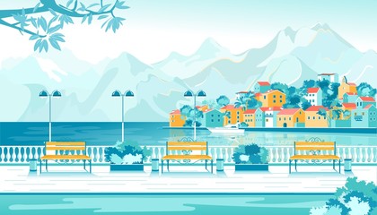 Romantic City Seafront with Mountain Landscape