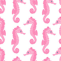Pink sea horse vector seamless pattern on white background. Illustration for summer scrapbooking, Ocean Gift Wrap, Kids Fashion Prints, Beach Apparel. Cartoon style. © Sirbon