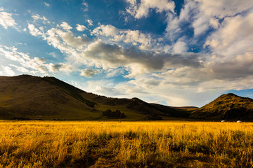 The sun goes down at Mongolia , Sunset Landscape photography in the Mongolian steppe at Arhangai-Aimag. Blue sky with white clouds and yellow steppe grass in foreground