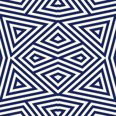 Seamless pattern with symmetric geometric ornament. Striped navy blue abstract background. Repeated triangles wallpaper.