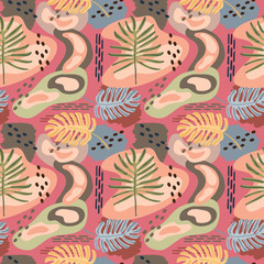 Fototapeta premium seamless repeat pattern with tropical plants and abstract shapes