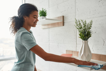 Just say no to dust. Young afro american woman in uniform wiping dust off the shelves in the living room and smiling