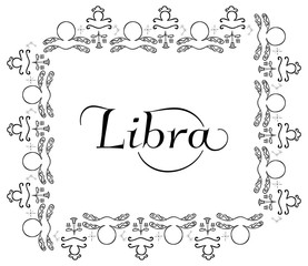 Black and white rectangular zodiac label for the sign of Libra. Sacred rectangular frame from hand-drawn vintage zodiacal symbols and the inscription in the center. Mystical isolated banner. Vector.