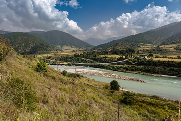 The longest suspension bridge in Himalaya near the town of Punakha in the Himalaya of Bhutan. Known for the Punakha Dzong, a 17th-century fortress at the juncture of the Pho and Mo Chhu rivers. 