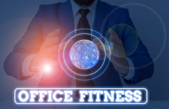 Conceptual hand writing showing Office Fitness. Concept meaning Encouraging fitness and balance lifestyle in the workplace Elements of this image furnished by NASA
