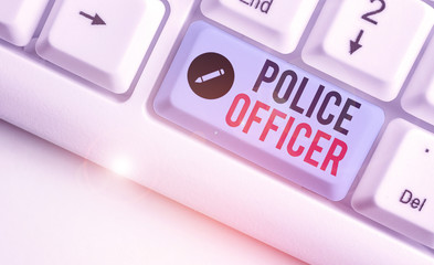 Word writing text Police Officer. Business photo showcasing a demonstrating who is an officer of...
