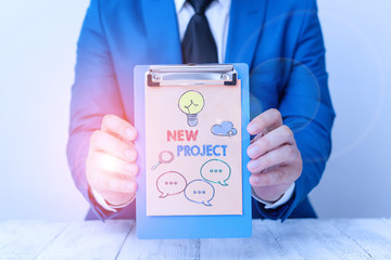 Text sign showing New Project. Business photo showcasing Planned set of interrelated tasks to be executed over a time