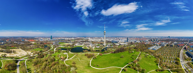 Beautiful Munich panorama from above, filmed by a drone in spring time.
