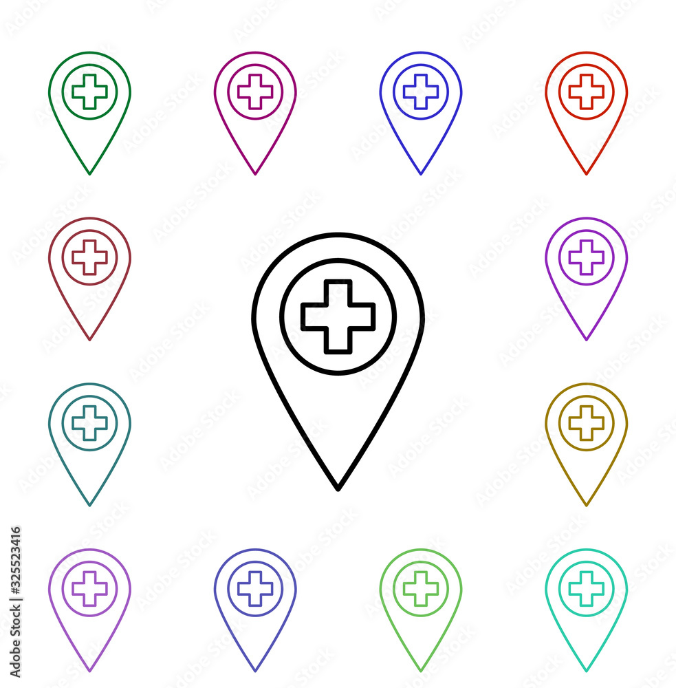 Poster pin hospital multi color style icon. simple thin line, outline vector of medical icons for ui and ux
