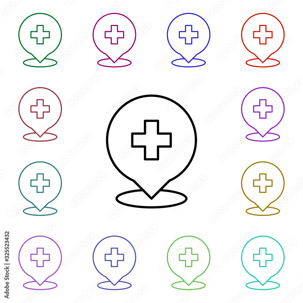 Poster pin hospital multi color style icon. simple thin line, outline vector of medical icons for ui and ux