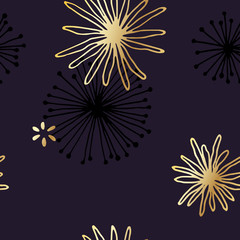Fototapeta premium Romantic seamless vector floral pattern with golden and black abstract flowers on a dark blue background. Fancy and elegant background