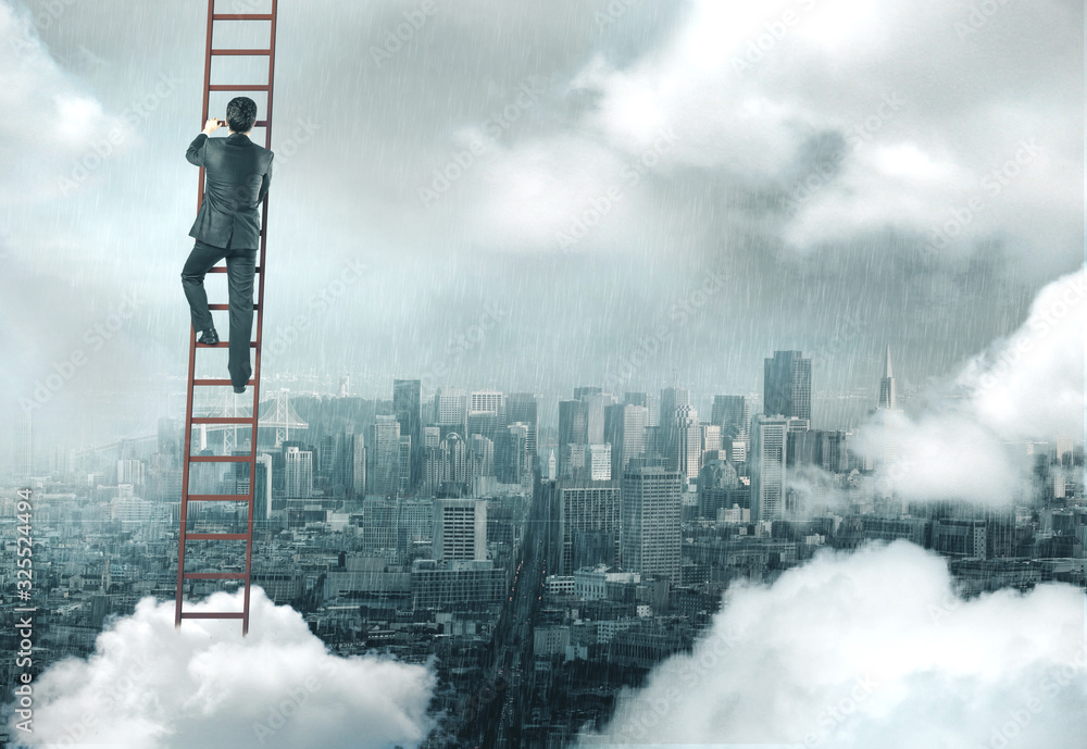 Poster businessman climbing on ladder