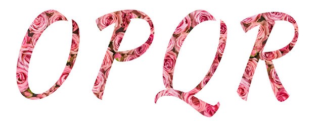 The letters OPQR of the English alphabet is cut out of pink roses on a white isolated background.Floral pattern, texture.Bright alphabet for stores, sales, websites, postcards and holiday greetings.