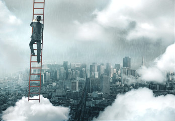 Businessman climbing on ladder