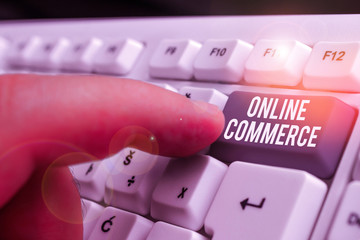 Conceptual hand writing showing Online Commerce. Concept meaning activity of buying or selling of...