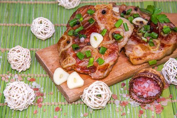 Fried meat in the pan. Delicious meat food